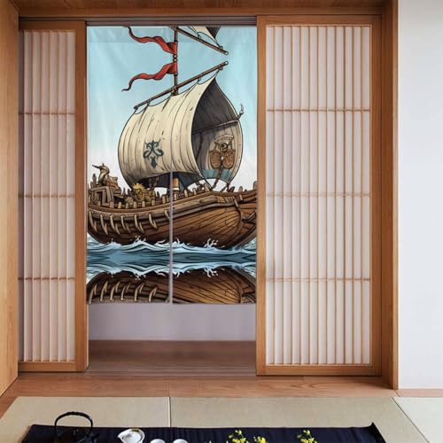 YYHWHJDE Verdunkelungsvorhänge, 2er-Set Vorhänge, Raumverdunkelung, Verdunkelungsvorhänge für Schlafzimmer, 142 x 86 cm, Cartoon-Motiv des alten Wikingerbootes von YYHWHJDE