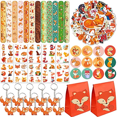 Fuchs-Partygeschenke, 110 Stück Fuchs-Thema, Slap-Armbänder, Aufkleber, Schlüsselanhänger, Abzeichen, temporäre Tattoos, Geschenktüten für Kinder, Waldtiere, Fuchs-Geburtstagsparty von YYMYMGJ