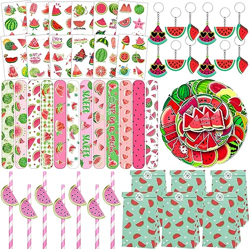 YYMYMGJ Watermelon Party Favors One in A Melon Slap Armbänder, Aufkleber, Strohhalme, temporäre Tattoos, Schlüsselanhänger und Geschenktüten für Kinder 1. Wassermelone Geburtstag Party Babyparty von YYMYMGJ