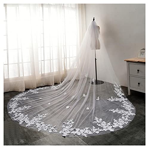 YYOBK Ts Weiß/Elfenbein Lange Spitze Rand Blume Applique Hochzeitsschleier, Kirche Braut Schleier Mit Kamm 3 Meter Lang, Hochzeit Braut Kopfschmuck (Color : Milk-White Off-White, Item Length : 400cm) von YYOBK