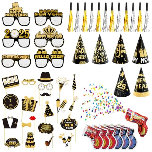 2025 Silvester Party Deko Set, 22 Neujahr Foto Requisiten, 6 Partybrille, 6 Silvester Hüte, 6 Silber Krachmacher Tröten, 6 Gold Krachmacher Tröten, 6 Konfettipistole, Happy New Year Deko Accessoires von YYSWSAKY