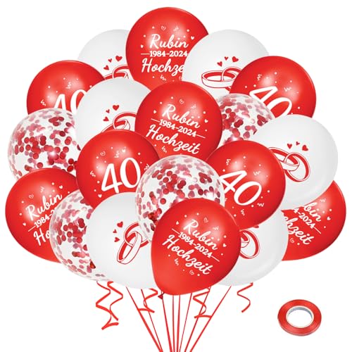 35 Stück Rubinhochzeit Luftballons, 40. hochzeitstag Deko, Weiß Rot Jubiläum Latexballons mit Zahl 40, Konfetti Luftballons für Rubinhochzeit Deko von YYSWSAKY