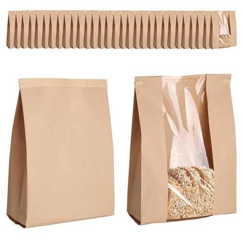 YYTECH 50Stk Braune Papiertüten mit Fenster Lebensmittelechte Kraftpapier Brottüten für Hausgemachtes Brot, Toast, Kekse & Geschenke PE-Beschichtete Brötchentüten Groß (31 x 21 x 10 cm) von YYTECH