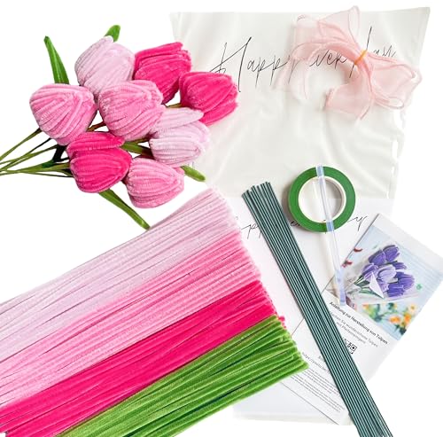 YYUENG TAK Rosa Tulip Bouquet Pfeifenreiniger-Set mit 200 Stück Bastel-Pfeifenreinigern(4 Farben),Anleitung,12 Stück grünem Bastelfaden,Geschenkpapier,Geschenkband,Klebeband,Heißkleber von YYUENG TAK