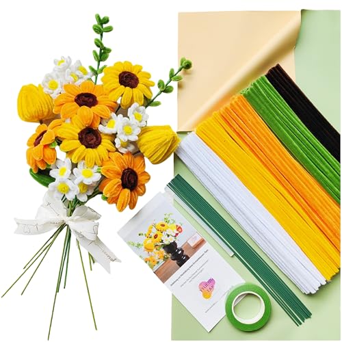 YYUENGTAK Sonnenblumen Blumenstrauß Pfeifenreiniger Set,mit 210 Stück Pfeifenputzer zum basteln(5 Farben),Anweisungen,12 Stück Grün Basteldraht,Geschenkpapier,Geschenkband,Blumenband,Schmelzklebstoffe von YYUENG TAK