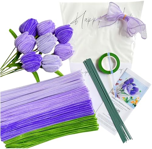 YYUENG TAK Violett Tulpe Blumenstrauß,Pfeifenreiniger Blumen Set,mit 200 Stück Pfeifenputzer zum basteln Blumen(4 Farben),12 Stück Grün Basteldraht, Anweisungen,Geschenkpapier, Geschenkband, Klebeband von YYUENG TAK