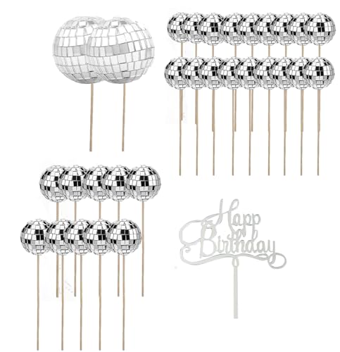 31 Stück Discokugel-Cupcake-Topper mit "Happy Birthday"-Kuchenaufsatz, 1970er-Jahre, Disco-Kuchenspieße, Disco-Thema-Kuchendekorationen für 70er und 80er Jahre, Disco-Musik, Tanz, von YYaaloa