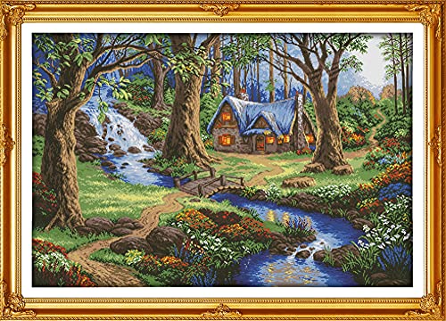 YZDKJ Die Kabine im Wald, gezählt auf Stoff DMC 14CT 11CT Kreuzstich-Kits, Stickerei-Tasten-Sets Home Decor (Cross Stitch Fabric CT Number : 14CT) von YZDKJ