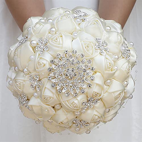 YZDKJ Handgemachte Band Hochzeit Rose Blumen Strass Brautsträuße Perle Braut, die Blumenstrauß hält (Color : 18cm Ivory) von YZDKJ