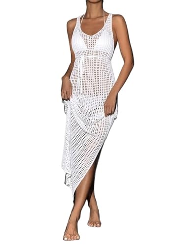 YZDKR Strandkleid Bikini-Vertuschungen for Damen, Netzstoff, durchsichtig, ärmellos, sexy, geteiltes Strandkleid, Sommer, solide Netz-Badebekleidung, Vertuschungen(White) von YZDKR