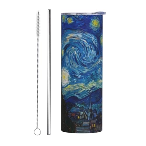 The Starry Night Van Gogh Trinkbecher, Edelstahl, vakuumisoliert, Reisebecher, sicherer Deckel, Wasser-Kaffeetasse, Strohhalm und Bürste, für Zuhause, Büro, Schule, funktioniert hervorragend für von YZDPLO