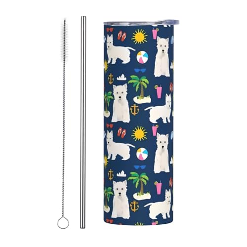 YZDPLO Westie Dogs Beach Summer Tropical Trinkbecher, Edelstahl, Vakuumisolierung, Reisebecher, sicherer Deckel, Wasser-Kaffeetasse, Strohhalm, Bürste für Zuhause, Büro, Schule, Arbeit, ideal für von YZDPLO