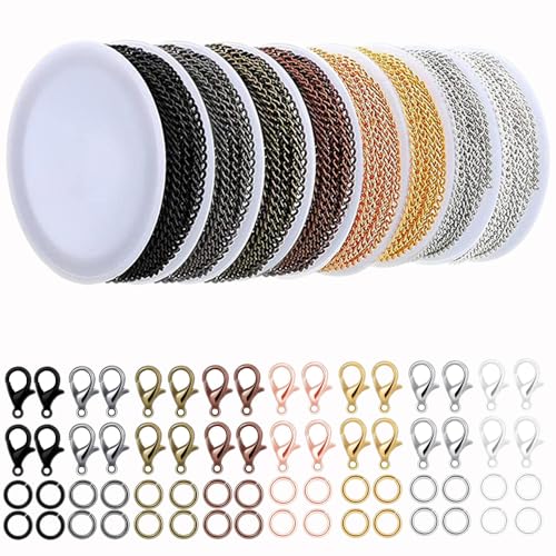 24,4 m Schmuckketten-Set, 8 Farben, Edelstahl-Schmuck-Panzerkette, Metallkette mit 240 offenen Biegeringen und 80 Karabinerverschluss für Armband, Ohrringe, Halskette, Twist-Gliederkette für DIY von YZDTECH