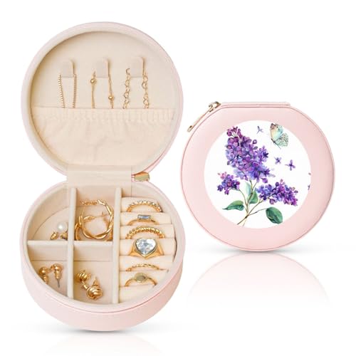 YZWXYYCWM Runde Leder-Schmuckschatulle mit Lavendel-Schmetterling – kompakte und stilvolle Aufbewahrungslösung für Damen-Mode-Accessoires von YZWXYYCWM