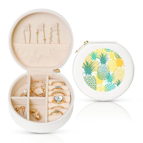 YZWXYYCWM Runde Schmuckschatulle aus Leder mit tropischer Ananas-Optik – kompakte und stilvolle Aufbewahrungslösung für Damen-Mode-Accessoires von YZWXYYCWM