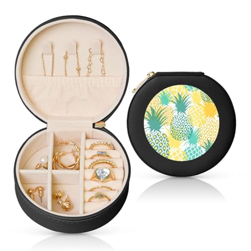 YZWXYYCWM Runde Schmuckschatulle aus Leder mit tropischer Ananas-Optik – kompakte und stilvolle Aufbewahrungslösung für Damen-Mode-Accessoires von YZWXYYCWM