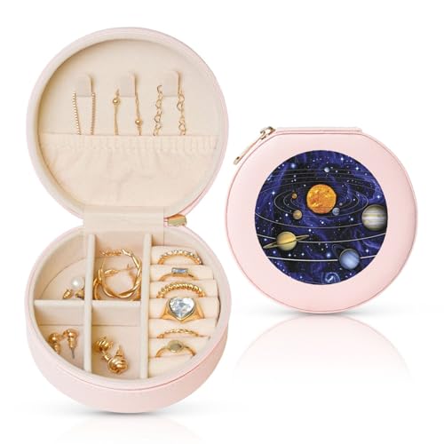 YZWXYYCWM Solar Galaxy Runde Leder-Schmuckschatulle – kompakte und stilvolle Aufbewahrungslösung für Damen-Mode-Accessoires von YZWXYYCWM