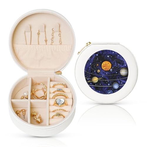 YZWXYYCWM Solar Galaxy Runde Leder-Schmuckschatulle – kompakte und stilvolle Aufbewahrungslösung für Damen-Mode-Accessoires von YZWXYYCWM