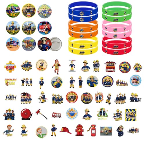 YZZT 74pcs Kindergeburtstag Mitgebsel Geburtstag Dekoration Set Anime Feuerwehrmann Dekorationsset Abzeichen, Armbänder & Aufkleber Für Kinder & Erwachsene Ideal für Geburtstage, Partys von YZZT