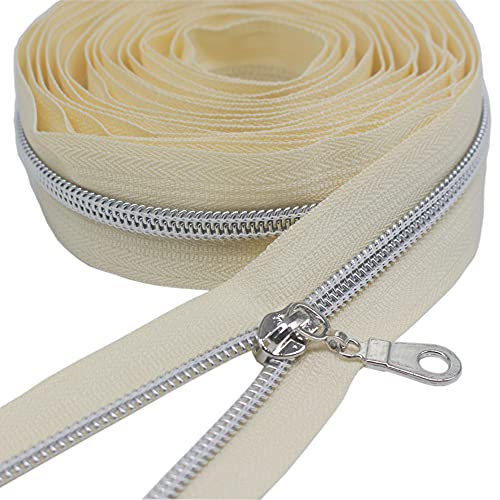 YaHoGa 9 m silberfarben endlos Reißverschluss Meterware Beige Reissverschluss 6mm-Spirale + 25 Nonlock-Zipper (silberfarben Beige) von YaHoGa