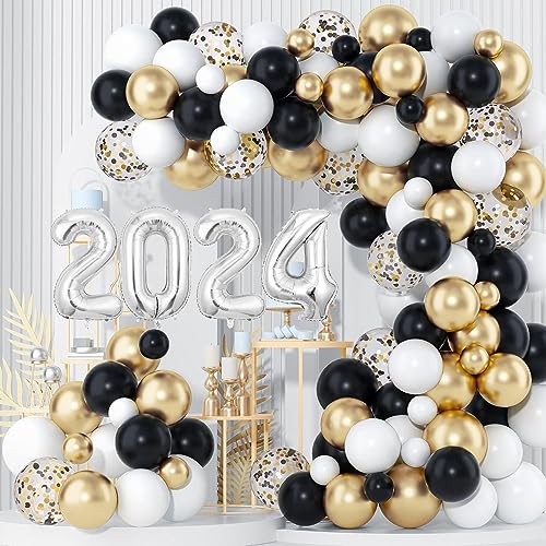 125Pcs Schwarz Gold Weiß Ballonbogen Kit Gold Metallic und Gold Konfetti Ballon Silber 2024 Folie Ballon und Binden Werkzeuge für 2024 Geburtstag Hochzeit Graduierung 2024 Prom Party Dekorationen von YaYuanSun