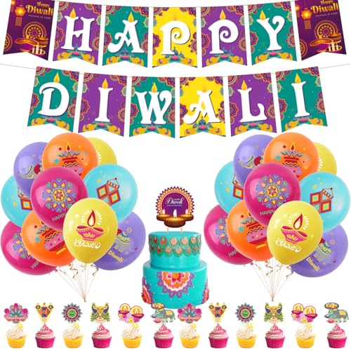 35 Stück Diwali Party Dekorationen Happy Diwali Banner Elefant Pfau Rangoli Ballons Kuchen Topper Home Office Licht Party Supplies Indian Festival Diwali Rangoli Dekorationen Deepavali Dekorationen von YaYuanSun