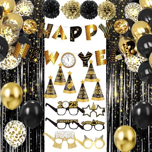 37 Stück Silvester Party Supplies 2025 Happy New Year Banner Schwarz Gold Folie Vorhang Pom Poms Latex Ballons Happy New Year Party Kegel Hüte Neujahr Brillen für Neujahr Party Dekorationen 2025 von YaYuanSun