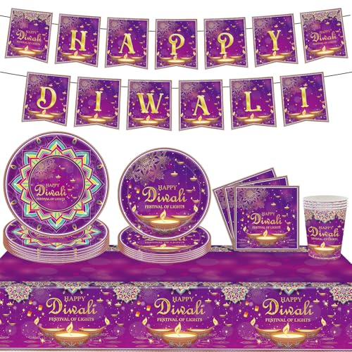 Diwali Dekorationen Happy Diwali Banner Happy Diwali Papier Party Teller, Becher, Servietten, Tischdecke für indische Deepavali Diyas Supplies, Festival of Lights Party Decor, Serves 20 von YaYuanSun