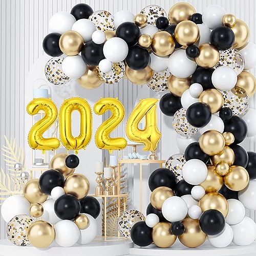 125Pcs Schwarz Gold Weiß Ballon Bogen Kit Gold Metallic und Gold Konfetti Ballon Gold 2024 Folie Ballon und Bindungswerkzeuge für 2024 Geburtstag Hochzeit Graduation 2024 Abschluss Party Dekorationen von YaYuanSun