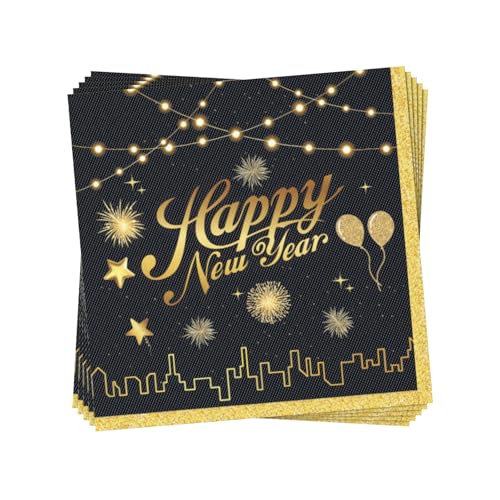 Silvester-Party-Servietten, Frohes neues Jahr, Cocktail-Papier für drinnen und draußen, Essen, Weihnachten, Winter, Urlaub, Neujahr, Party-Dekorationen (33 x 33 cm), 100 Stück von YaYuanSun