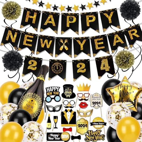 Silvester Party Supplies 2024 Set Happy New Year Banner Gold Schwarz Papier Flagge Wimpelkette Wirbel Luftschlangen Pom Poms Stern Girlande Luftballons für NYE Dekorationen 2024 Silvester Party von YaYuanSun