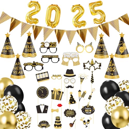 Silvester Party Supplies 2024 Set Happy New Year Banner Gold Schwarz Papier Flagge Wimpelkette Wirbel Luftschlangen Pom Poms Stern Girlande Luftballons für NYE Dekorationen 2024 Silvester Party von YaYuanSun