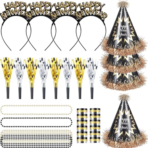 YaYuanSun 26 PCS 2025 Silvester Party Supplies Happy New Year Party Bevorzugungen Inklusive Haar Hoop Noise Makers Kegel Hüte Aluminium Film Bead Halsketten von YaYuanSun