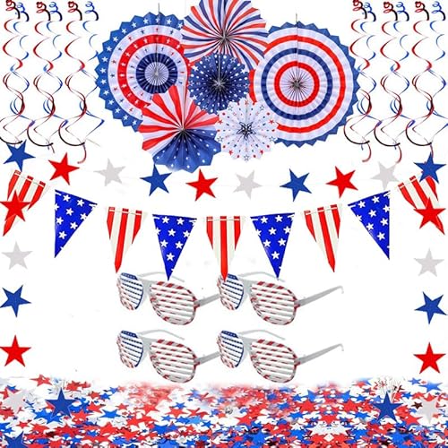 4. Juli Patriotische Party Dekorationen Set Rot Weiß Blau Papier Fans Star Luftschlangen USA Wimpel Wimpel USA Patriotische Kunststoffgläser für 4. Juli Patriotische Geburtstag Dekorationen von YaYuanSun