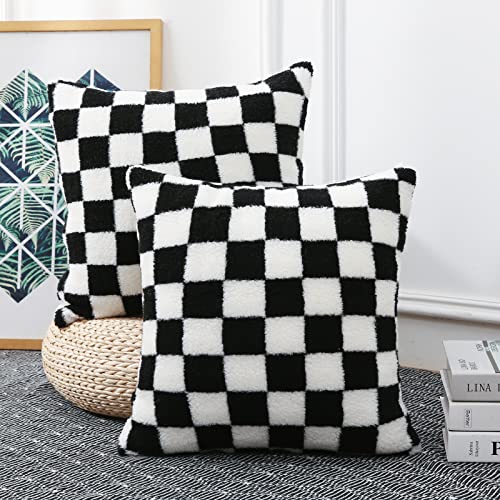 Yaertun 2er Set Kissenbezüge Kunstfell Wolle SchachbrettSuperweich Kissen Flauschig Kissenbezug Dekokissen Deko für Sofa Schlafzimmer Wohnzimmer Balkon 35 x 35 cm Schwar von Yaertun