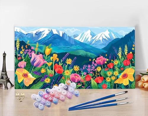 Malen Nach Zahlen Erwachsene Berg DIY Bastelset Erwachsene Frauen Malen nach Zahlen Blume mit Pinsein und Acrylfarbe, Paint by Numbers Anfänger Handgemalt Ölgemälde Kit für Wanddeko 70x140cm N5-194 von Yagagse