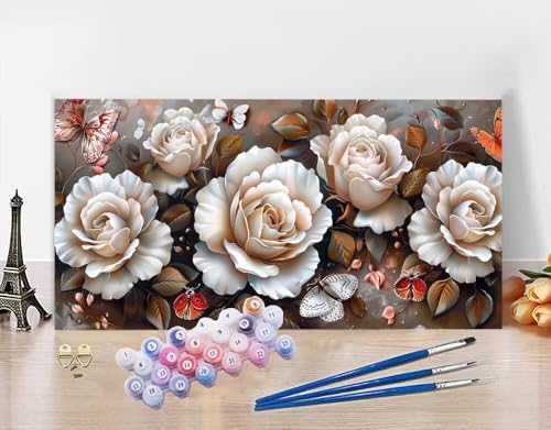 Malen Nach Zahlen Erwachsene Blume DIY Bastelset Erwachsene Frauen Malen nach Zahlen Rose mit Pinsein und Acrylfarbe, Paint by Numbers Anfänger Handgemalt Ölgemälde Kit Deko Wohnzimmer 30x60cm N5-594 von Yagagse