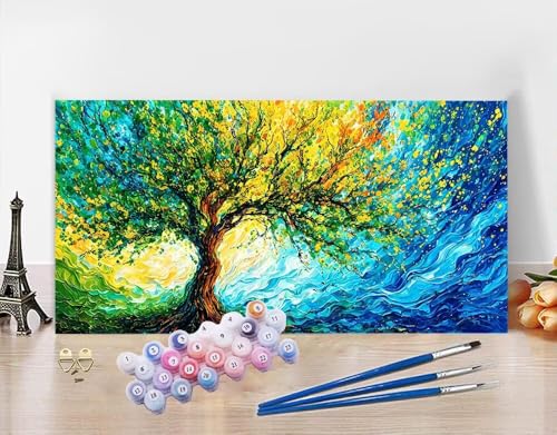 Malen Nach Zahlen Erwachsene Landschaft DIY Bastelset Erwachsene Frauen Malen nach Zahlen Baum mit Pinsein und Acrylfarbe, Paint by Numbers Anfänger Handgemalt Ölgemälde Deko Wohnzimmer 30x60cm N5-1 von Yagagse