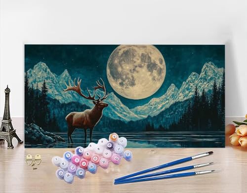 Malen Nach Zahlen Erwachsene Mond DIY Bastelset Erwachsene Frauen Malen nach Zahlen Elch mit Pinsein und Acrylfarbe, Paint by Numbers Anfänger Handgemalt Ölgemälde Kit Deko Wohnzimmer 30x60cm N5-576 von Yagagse