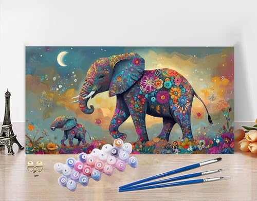 Malen Nach Zahlen Erwachsene Mond DIY Bastelset Erwachsene Frauen Malen nach Zahlen Elefant mit Pinsein und Acrylfarbe, Paint by Numbers Anfänger Handgemalt Ölgemälde Kit für Deko 50x100cm N5-426 von Yagagse