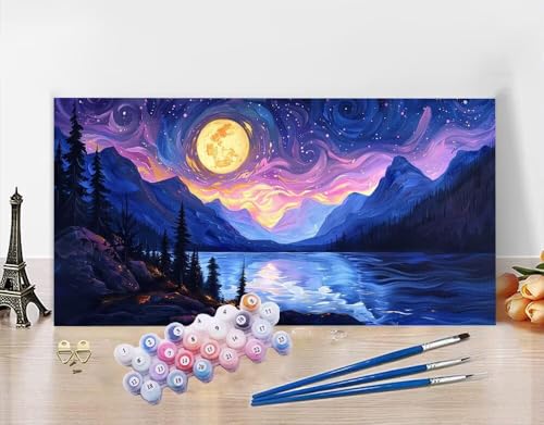 Malen Nach Zahlen Erwachsene Mond DIY Bastelset Erwachsene Frauen Malen nach Zahlen See mit Pinsein und Acrylfarbe, Paint by Numbers Anfänger Handgemalt Ölgemälde Kit Deko Wohnzimmer 50x100cm N5-406 von Yagagse