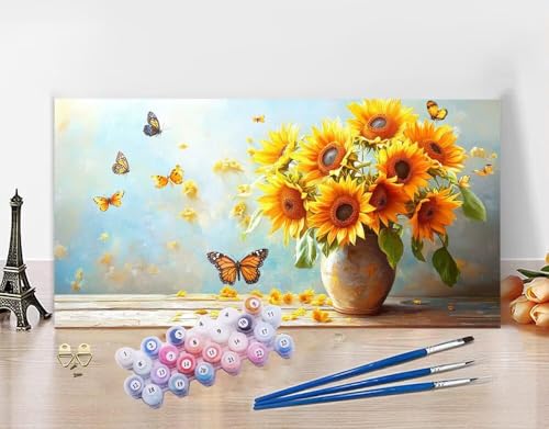 Malen Nach Zahlen Erwachsene Sonnenblume DIY Bastelset Erwachsene Frauen Malen nach Zahlen Vase mit Pinsein und Acrylfarbe, Paint by Numbers Anfänger Handgemalt Ölgemälde Kit für Deko 30x60cm N5-595 von Yagagse