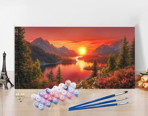 Malen Nach Zahlen Erwachsene Sonnenuntergang DIY Bastelset Erwachsene Frauen Malen nach Zahlen See mit Pinsein und Acrylfarbe,Paint by Numbers Anfänger Handgemalt Ölgemälde Kit für Deko 30x60cm N5-579 von Yagagse