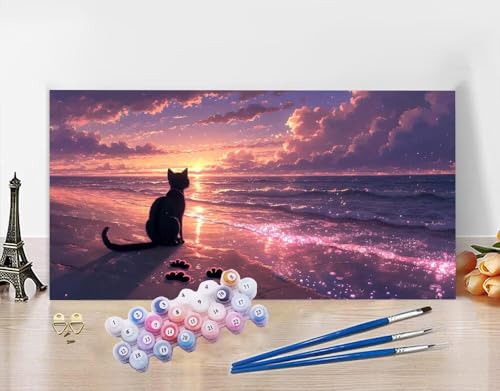 Malen Nach Zahlen Erwachsene Strand DIY Bastelset Erwachsene Frauen Malen nach Zahlen Katze mit Pinsein und Acrylfarbe, Paint by Numbers Anfänger Handgemalt Ölgemälde Kit für Deko 50x100cm N5-409 von Yagagse