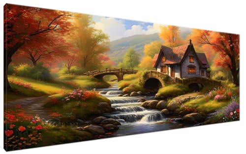 Malen Nach Zahlen Herbst, Malen Nach Zahlen Erwachsene HäUser Paint by Numbers Leinwand Bild DIY mit Pinseln und Acrylfarben Handgemalt Ölgemälde Leinwand für Deko, Mädchen Geschenk 50x100cm G3-287 von Yagagse