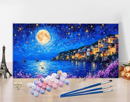 Malen Nach Zahlen Mond Malen Nach Zahlen Erwachsene Meer Malen Nach Zahlen Erwachsene Leinwand, Paint by Numbers Adult DIY Acrylmalerei Handgemalt ölgemälde Kreativ Bastelset Wanddeko 100X220cm N5-111 von Yagagse