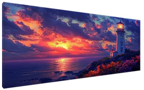 Malen Nach Zahlen Sonnenuntergang, Malen Nach Zahlen Erwachsene Leuchtturm Paint by Numbers Leinwand Bild DIY mit Pinseln und Acrylfarben Handgemalt Ölgemälde Leinwand für Deko, Mädchen 30x60cm G3-314 von Yagagse