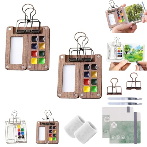 4SZNS Pocket Artist Watercolor Travel Set, Tiny Painting Set, Small Watercolor Travel Paint Set, Go Draw Mini Palette With Binder Clip Paint And Water Pen (Walnut * 2) von Yagerod