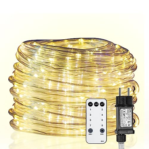 Yakimz 20m LED Lichtschlauch, 200LEDs Lichterschlauch, Lichterkette Wasserdicht mit Fernbedienung und Timer, für Outdoor Balkon, Terrasse, Hochzeit, Party, WarmWeiß Lichtschläuche von Yakimz