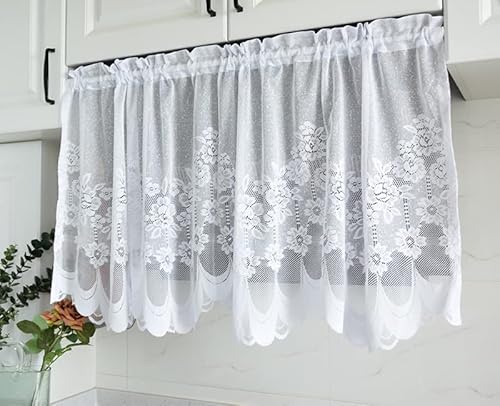 Yaland Bistrogardinen Landhausstil Transparent mit Stickerei Scheibengardinen Jacquard Panneaux Kurzgardinen küchegardinen Spitze Stangedurchzug Weiß BxH 100x50cm 1 Stück von Yaland